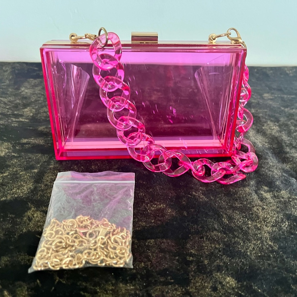 NWOT Fun Retro Pink/Gold Clear Handbag w/Removable 14” Strap & 32”Gold Chain